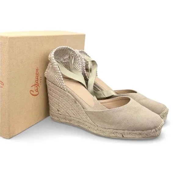 CASTAÑER $165 Carina/8/002 Wedge Espadrille Sand EU 39 US 8 Ankle Tie Jute Heel - Picture 3 of 9